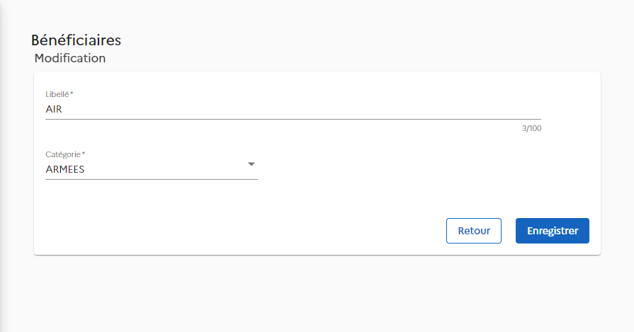 screen de l'écran bénéficiaire Edit