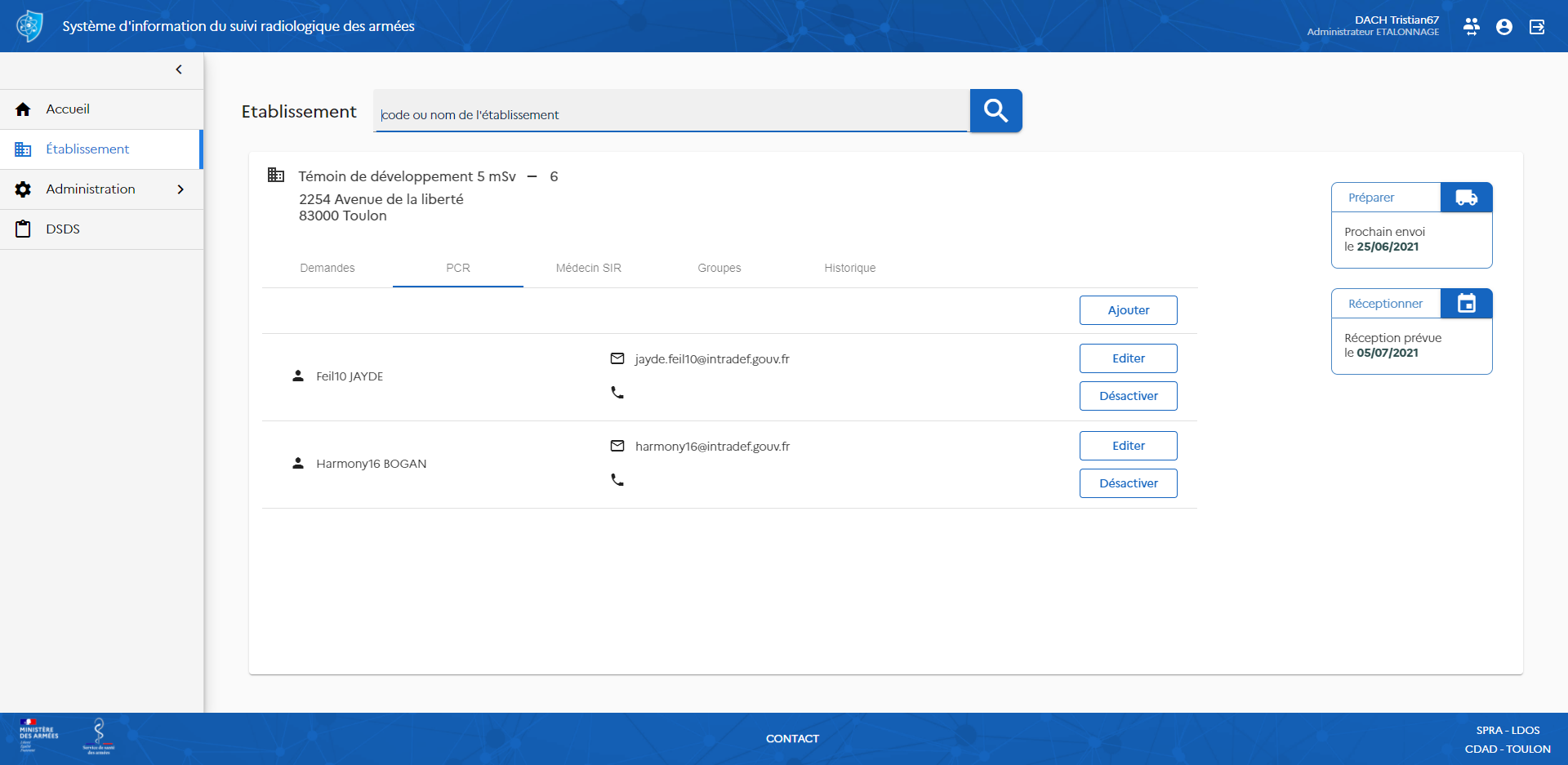 screen de l'écran établissement avec la liste des PCR